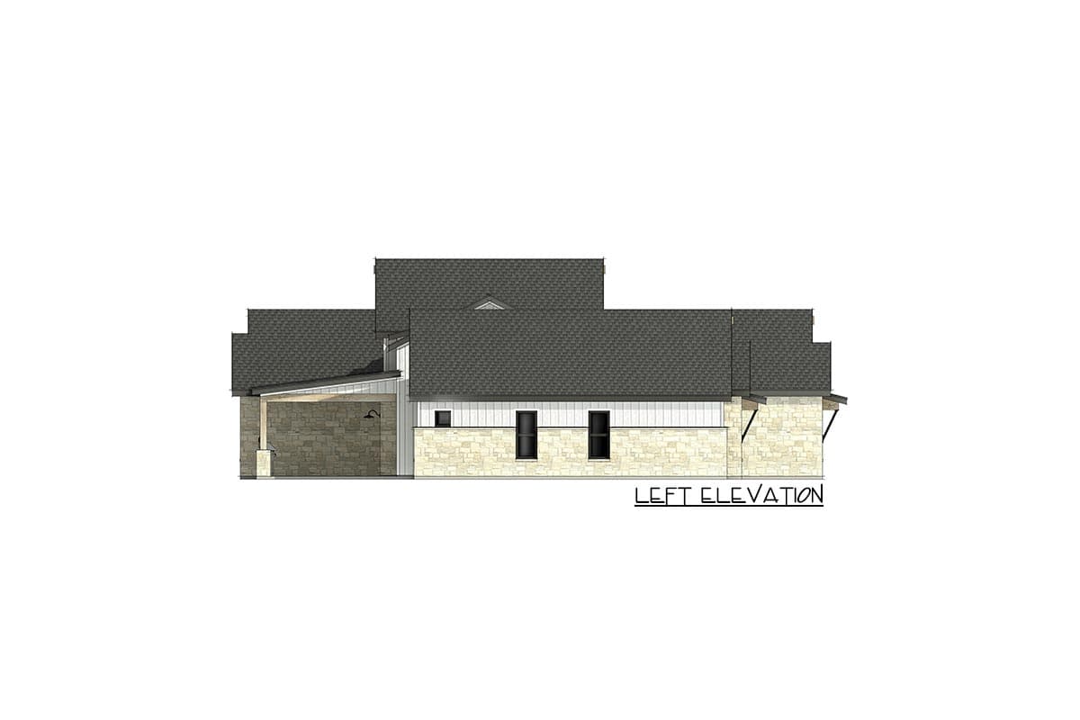 Left elevation drawing of a house plan featuring stone and horizontal siding, gabled rooflines, and a covered entryway.
