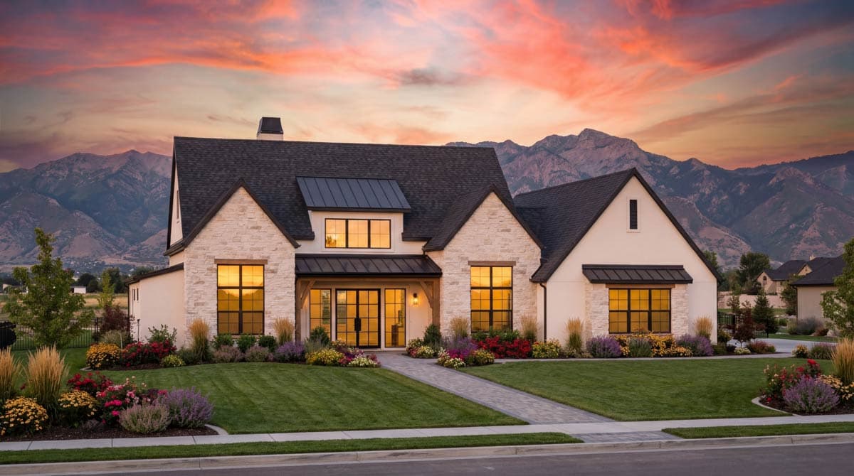 Modern Farmhouse two-story house plan exterior with stone accents, dark gables, large windows, and covered entry.