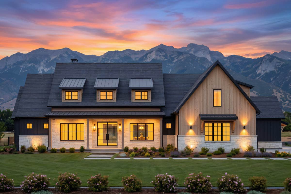Modern Farmhouse exterior with stone and wood siding, gabled roof, multiple dormers, and a covered porch.