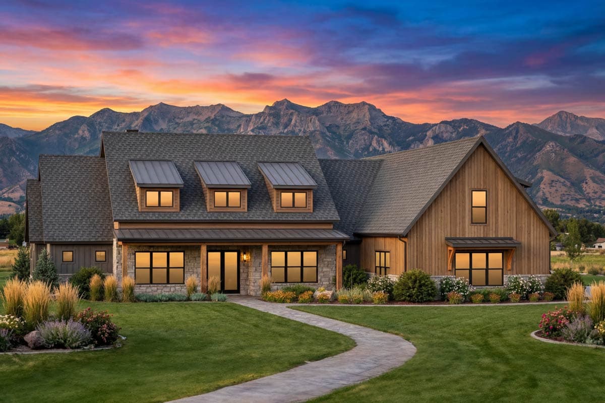 Modern Farmhouse house plan exterior with stone and wood siding, a covered porch, and dormer windows.