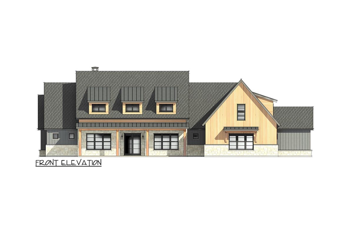 Front elevation drawing of a multi-story house with stone and wood exterior, gabled dormers, and covered entry.