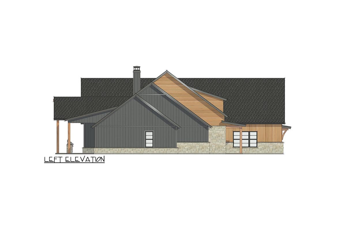 Left elevation house plan shows a modern farmhouse style with stacked stone, board and batten siding, and multiple gables.