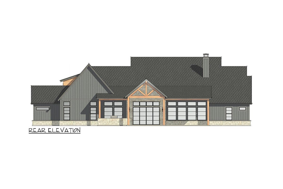 Rear elevation drawing of a modern house plan with stone base, board and batten siding, multiple gables, large windows, and a prominent garage door.
