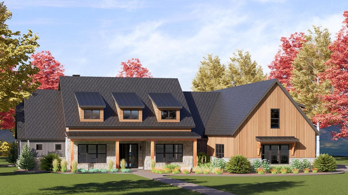 House plan exterior: Modern Farmhouse style, two stories, stone base, covered porch with stone columns, and three dormers.