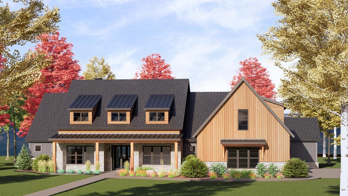 Modern Farmhouse house plan exterior with covered stone porch, three dormers, and gabled vertical siding.