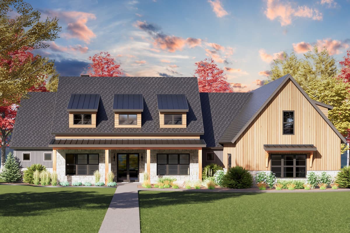 Modern Farmhouse house plan exterior with a covered front porch, stone accents, dormers, and wood siding.