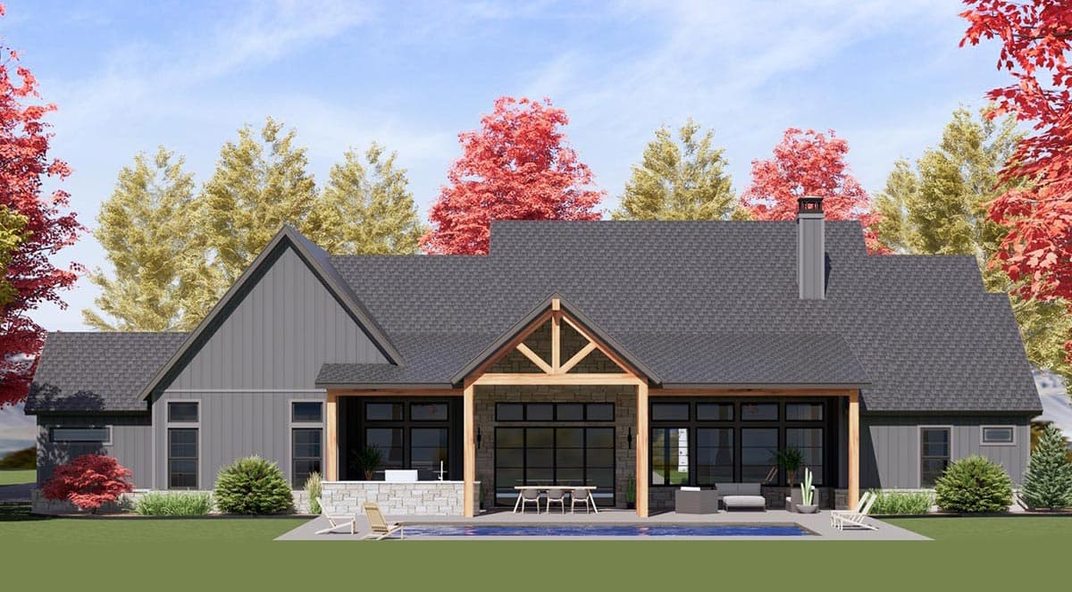 Modern Farmhouse house plan exterior with gables, large windows, covered patio with exposed beams, and a pool.