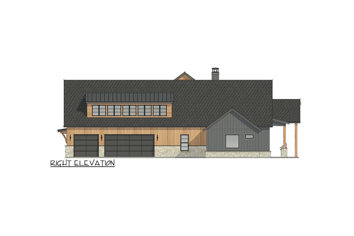 Right elevation house plan: two garage doors, wood and stone siding, gable roof, and covered porch.