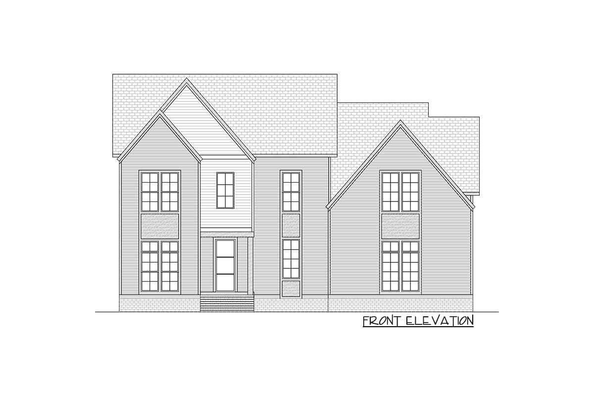 Front elevation drawing of a two-story house plan with a prominent gable, multiple windows, and a central entry.