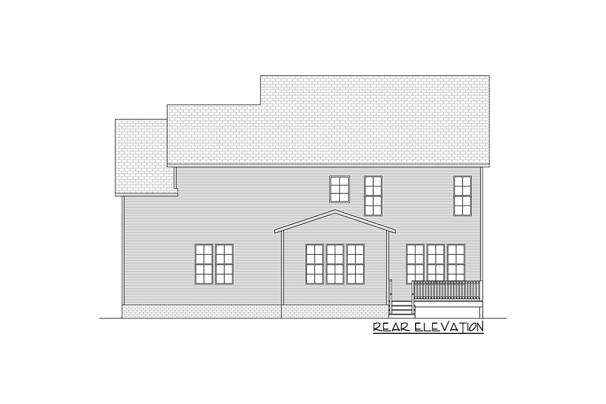 Rear elevation drawing of a two-story house with horizontal siding, a gabled roof over the central section, and a deck.