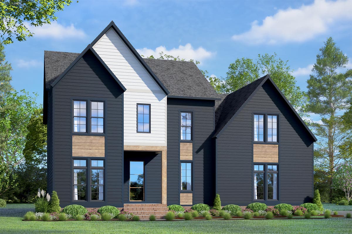 House plan exterior. Two-story modern farmhouse with multiple gables, contrasting siding, and a prominent entryway with steps.