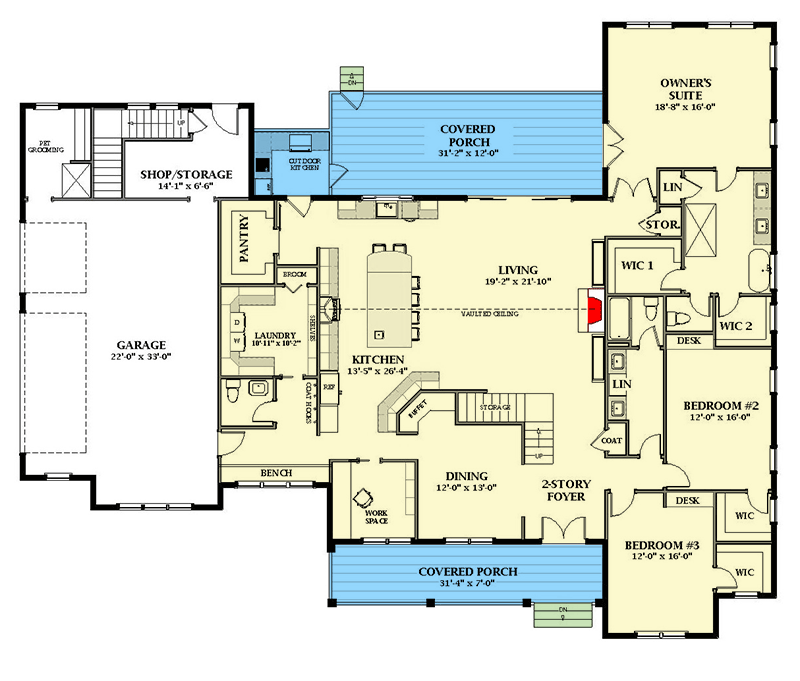 Plan 46480LA: Exclusive Modern Farmhouse Plan with Vaulted Living Room and Screened Porch - Floor Plan - Main Level - Country, Farmhouse, Hill Country, Modern Farmhouse, New American, Traditional, Transitional