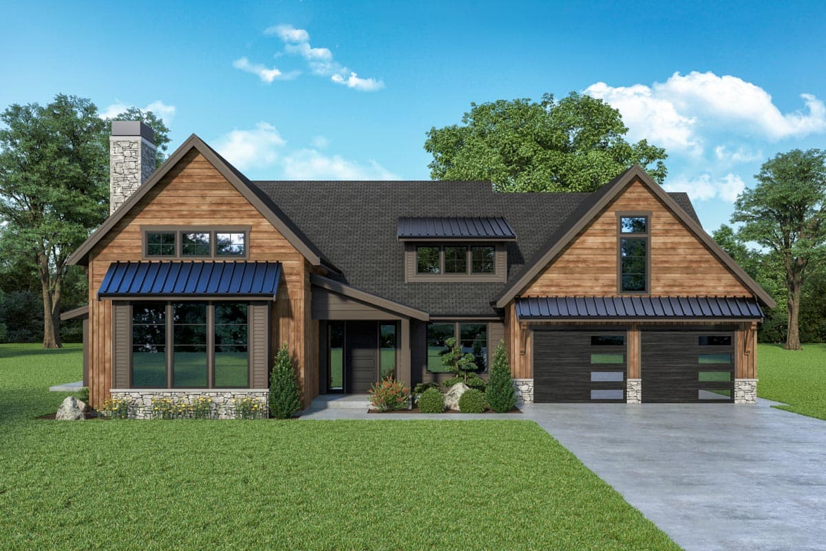 Modern farmhouse style house plan exterior with wood siding, stone accents, gable roofs, and dual garage doors.