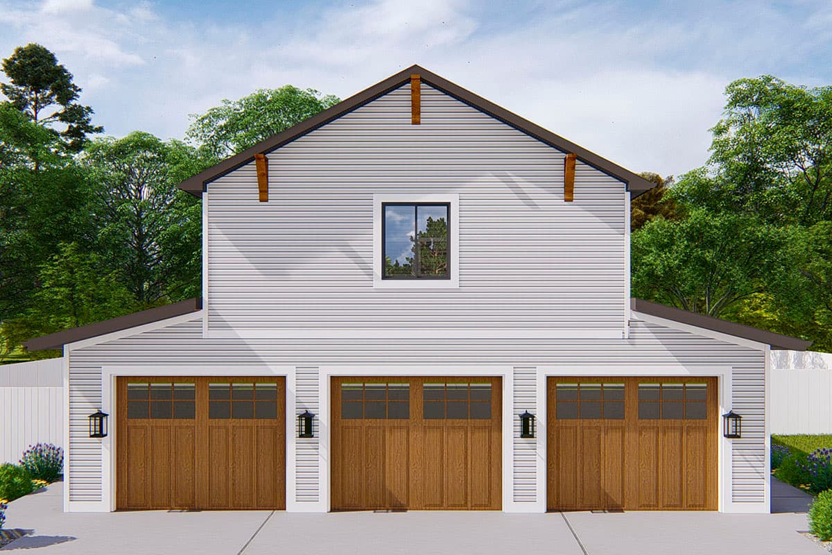 House plan exterior with a three-car garage, horizontal siding, gable roof, and a single upper window.