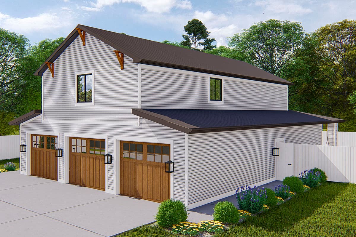 House plan exterior with two stories and a three-car garage. Features include a gable roof, wood-paneled garage doors, and decorative brackets.