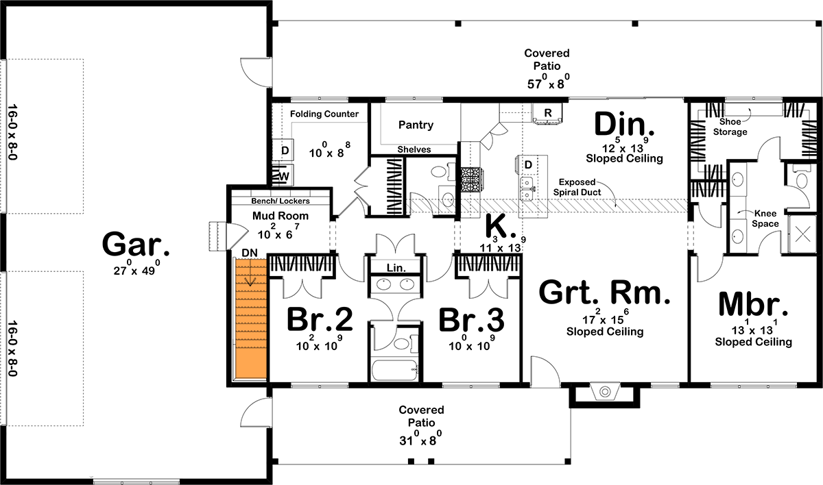 Plan 623187DJ: 1700 Square Foot Modern Barndominium-Style House Plan - Floor Plan - Basement Stairs Location - Barndominium, Mid Century Modern, Modern, New American