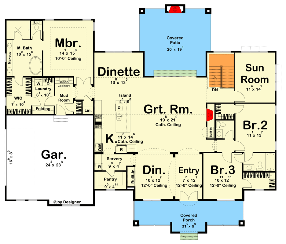 Plan 623188DJ: Single-Story Transitional House Plan with Sunroom - 2643 Sq Ft - Floor Plan - Main Level - Hill Country, New American, Transitional