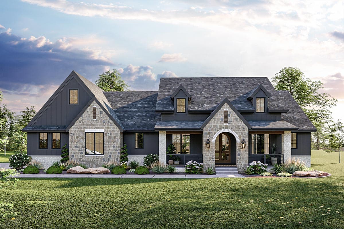 House plan exterior. Two-story Modern Farmhouse with stone accents, gables, dormers, and a covered porch. Dark roof and siding.