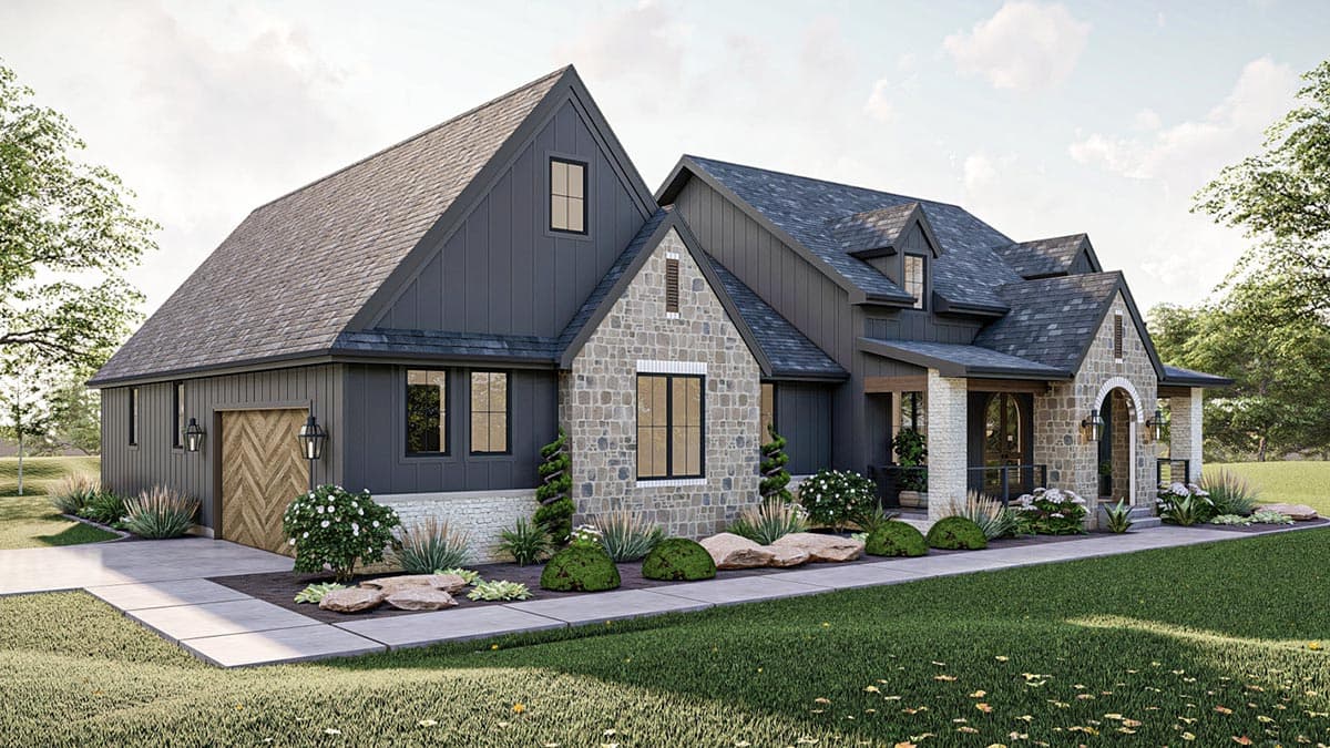 House plan exterior featuring a Modern Farmhouse style with a two-story main structure, stone accents, prominent gables, and a detached garage.