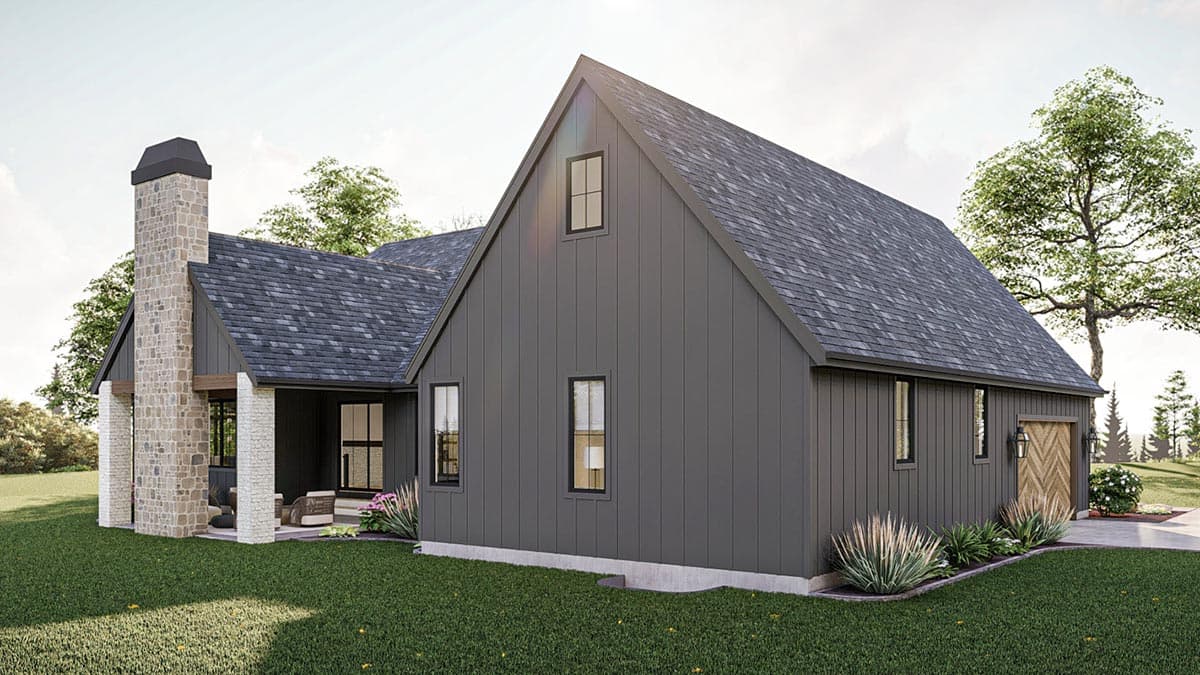 House plan exterior of a modern farmhouse with a stone chimney, vertical siding, gabled roof, and attached garage.