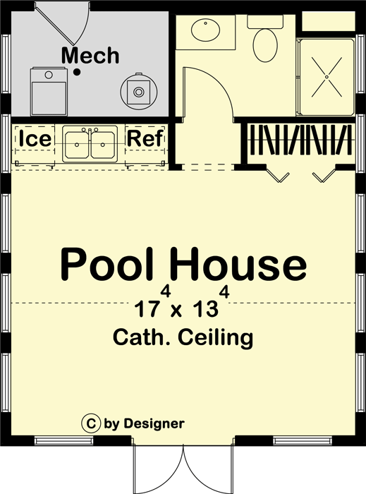 Plan 623189DJ: 349 Square Foot Pool House with Wet Bar - Floor Plan - Main Level - Cottage, Country
