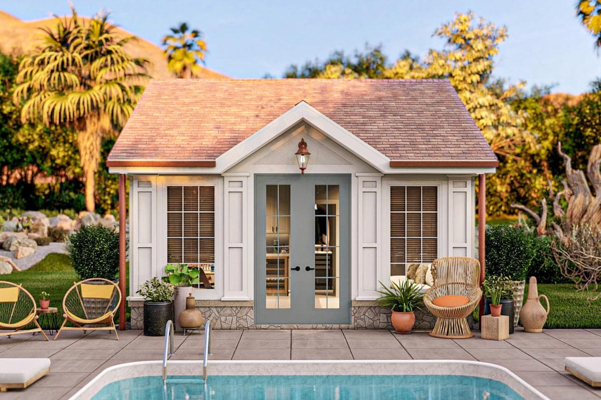 House plan exterior: Gable roof, double glass doors, shutters, stone skirting, and two large windows.