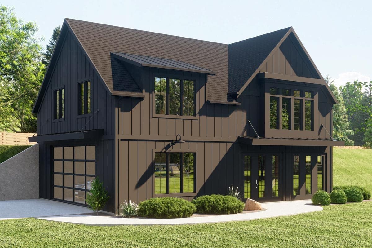 House plan exterior, two-story modern farmhouse style. Features include a gable roof, shed dormer, and glass garage door.