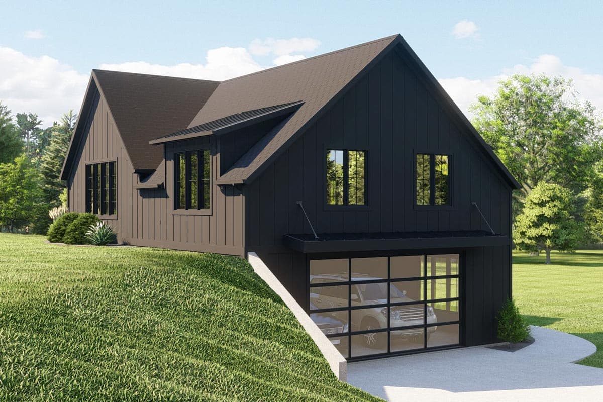 Modern Farmhouse house plan exterior with dark vertical siding, gabled roof, dormer, and glass garage door.