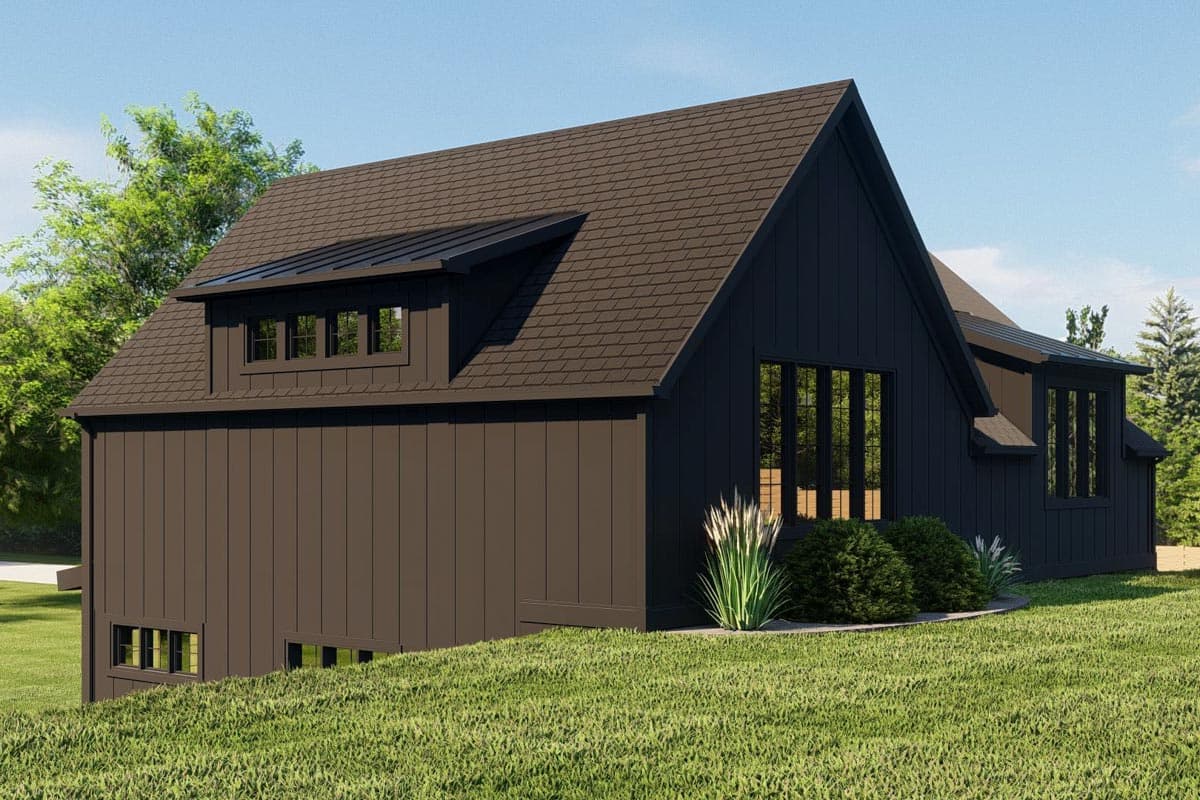 House plan exterior: Modern style with dark vertical siding, gable roof, and a dormer with horizontal windows.