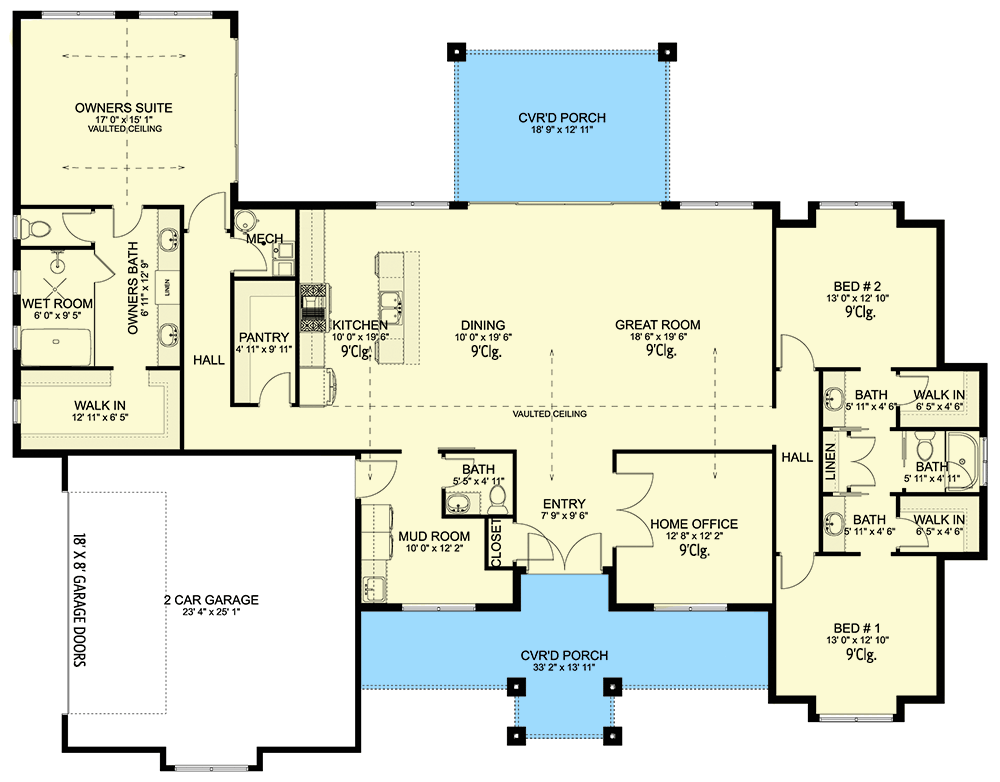 Plan 61422UT: New American Ranch Plan with Vaulted Owner's Suite - Floor Plan - Main Level - Country, Craftsman, New American, Ranch