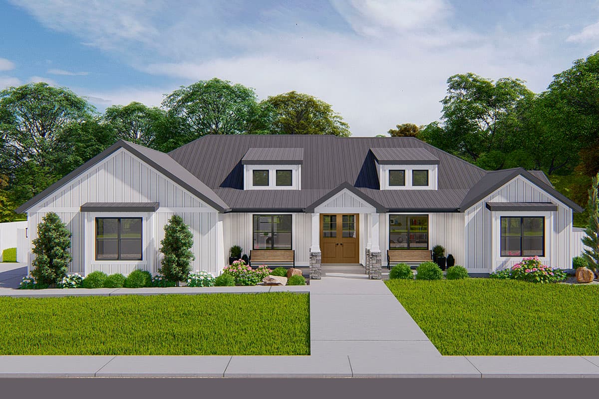 House plan exterior. Modern farmhouse style, one story, with gabled roof, dormers, and covered porch with stone columns.