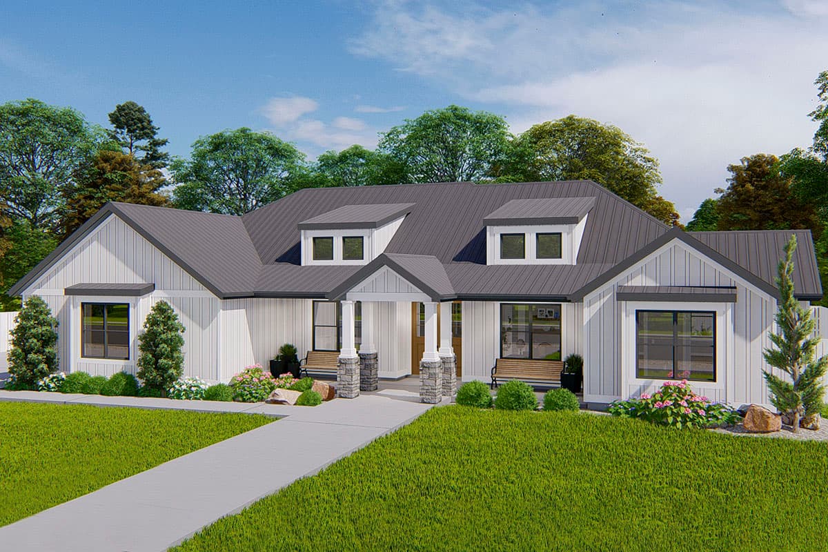 Modern Farmhouse house plan exterior, one story, with gabled dormers, covered porch with stone columns, and board and batten siding.