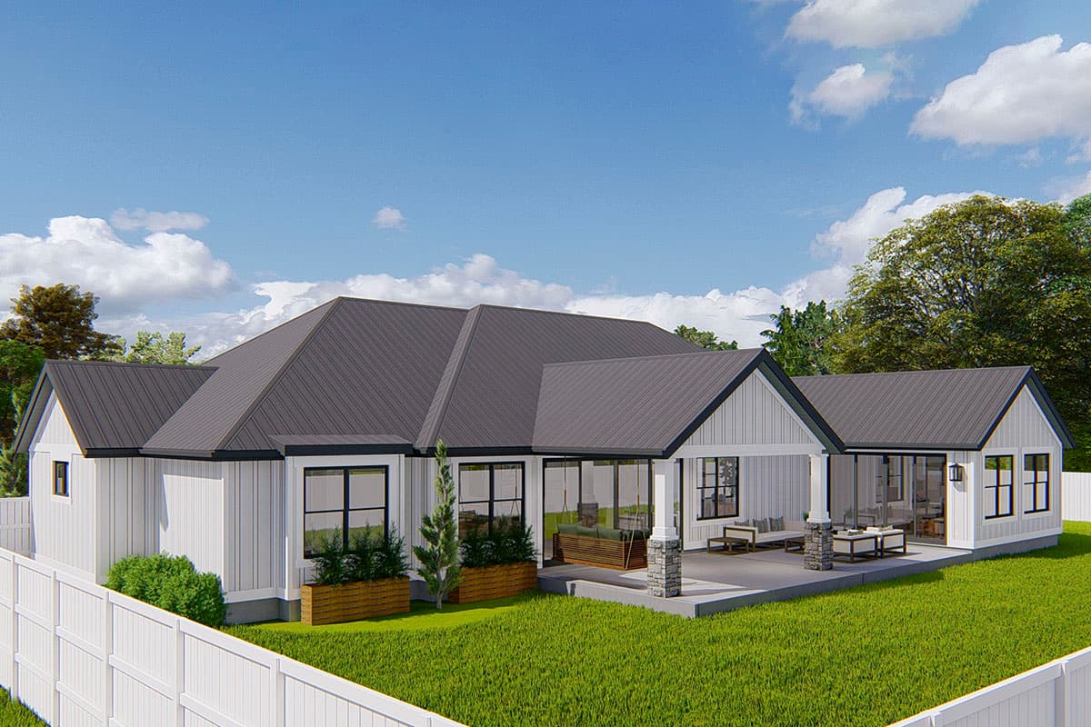 House plan exterior, one-story Modern Farmhouse with gabled roof, white board-and-batten siding, and covered patio with stone columns.