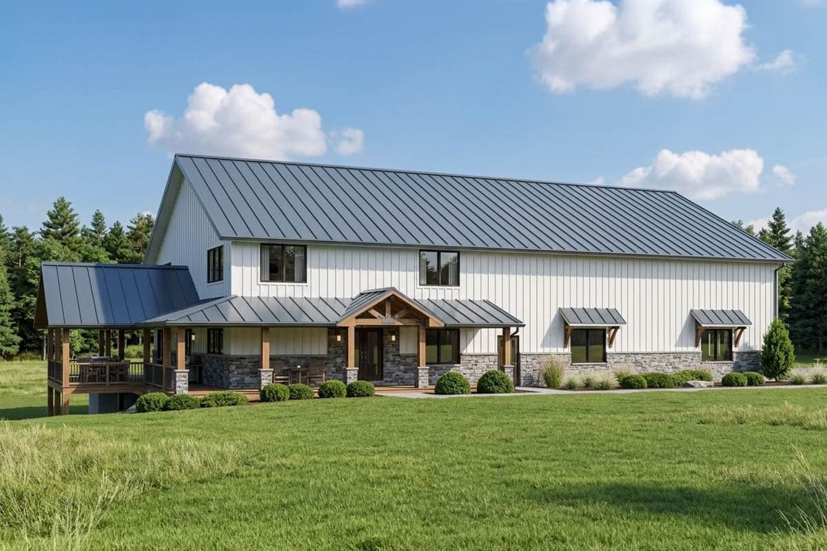 House plan exterior with modern farmhouse style. Features include a wrap-around porch, gable roof, and shed roof over the entry.