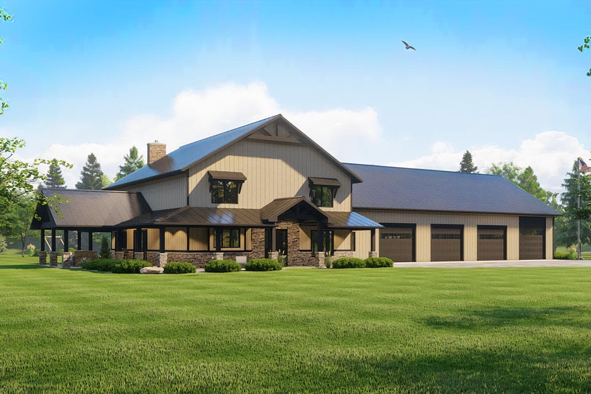 House plan exterior. Two-story farmhouse with a wrap-around porch, gabled roof, and attached three-car garage. Features stone facade and dormers.