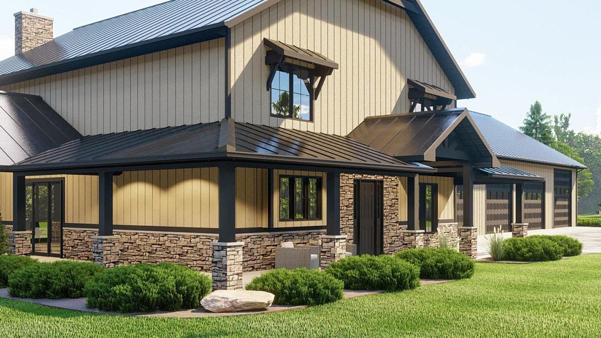 House plan exterior: Modern Farmhouse style with vertical siding, stone base, covered porch, gables, dormers, and multi-car garage.