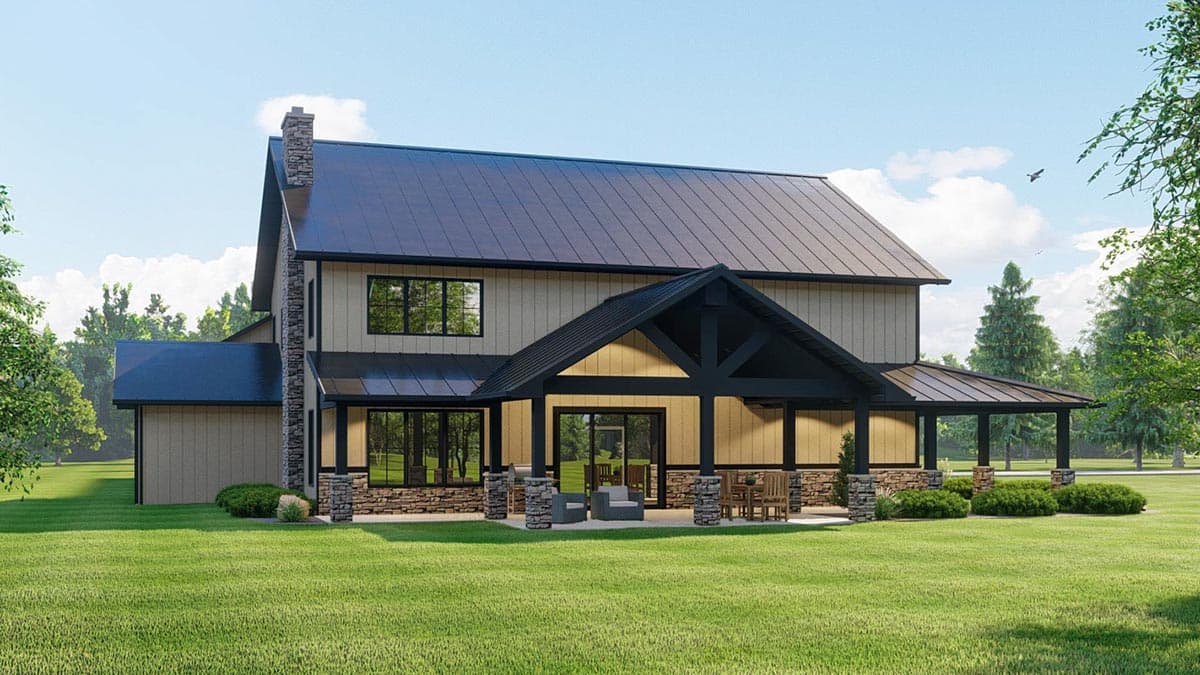 House plan exterior: Two-story Modern Farmhouse with metal roof, stone chimney, and covered porch with timber framing.