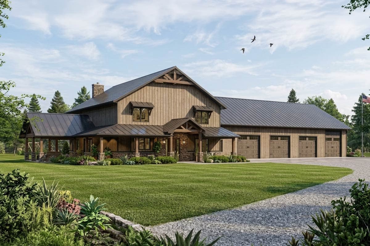 House plan exterior. Two-story farmhouse with a wrap-around porch, gabled roof, and attached three-car garage. Features stone facade and dormers.