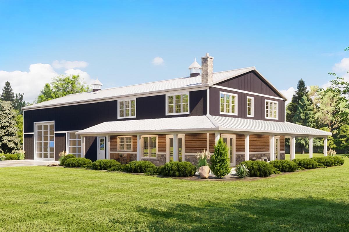 House plan exterior. Two-story barn-style home with a wraparound porch and metal roof. Features include cupola and chimney.