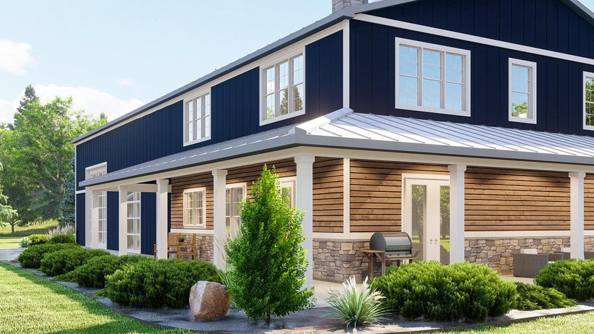 House plan exterior: Two-story Modern Farmhouse with covered porch, stone base, lap siding, and metal roof.