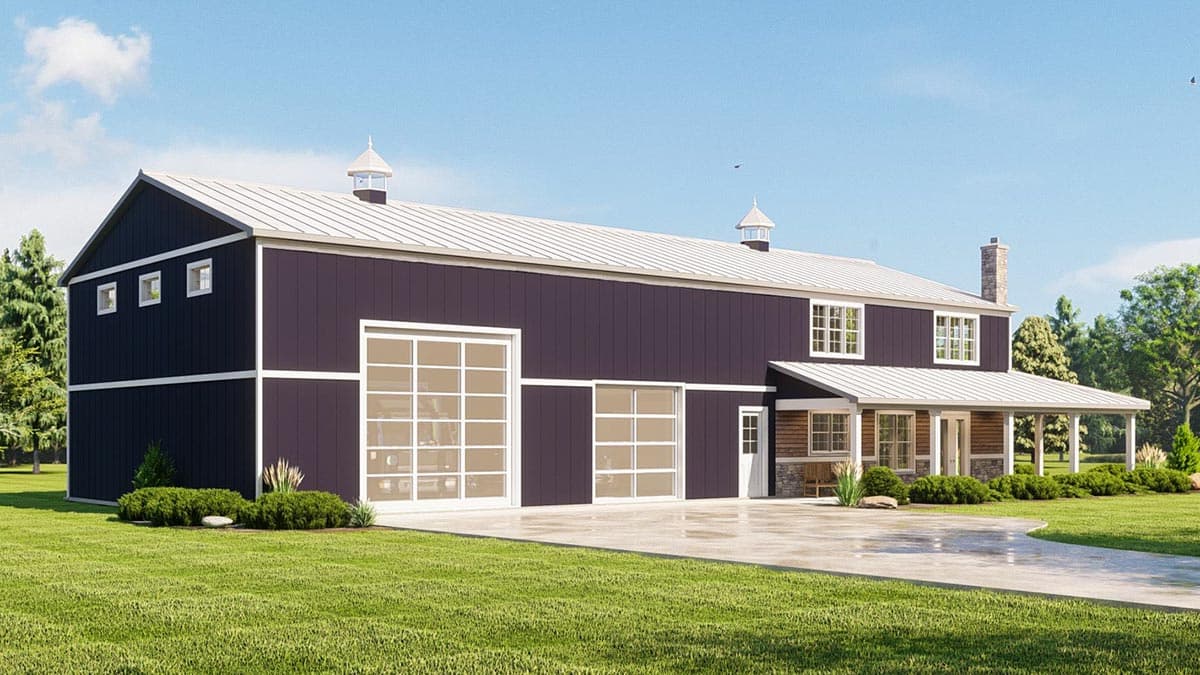 Modern Farmhouse style house plan exterior with a metal roof, two garage doors, cupolas, and a wraparound porch.