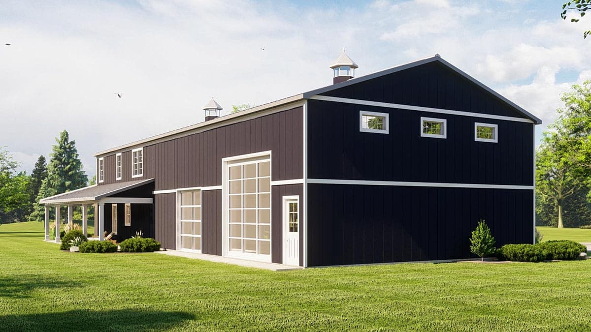 Barn style house plan exterior with dark siding, white trim, covered porch, large windows, and cupolas.