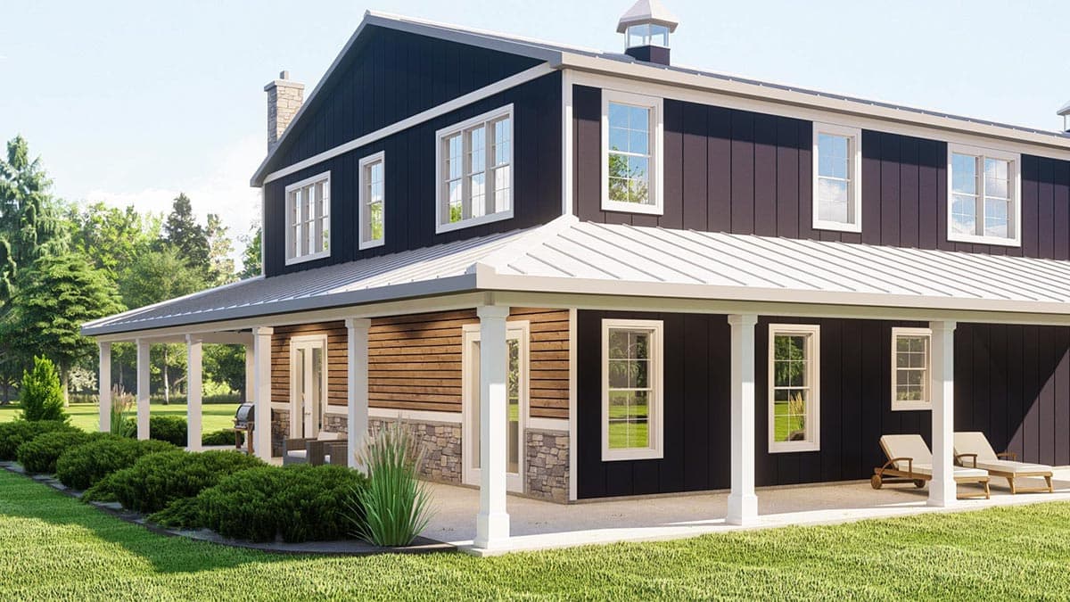 House plan exterior of a two-story home with a wrap-around porch, gabled roof, and mixed siding.