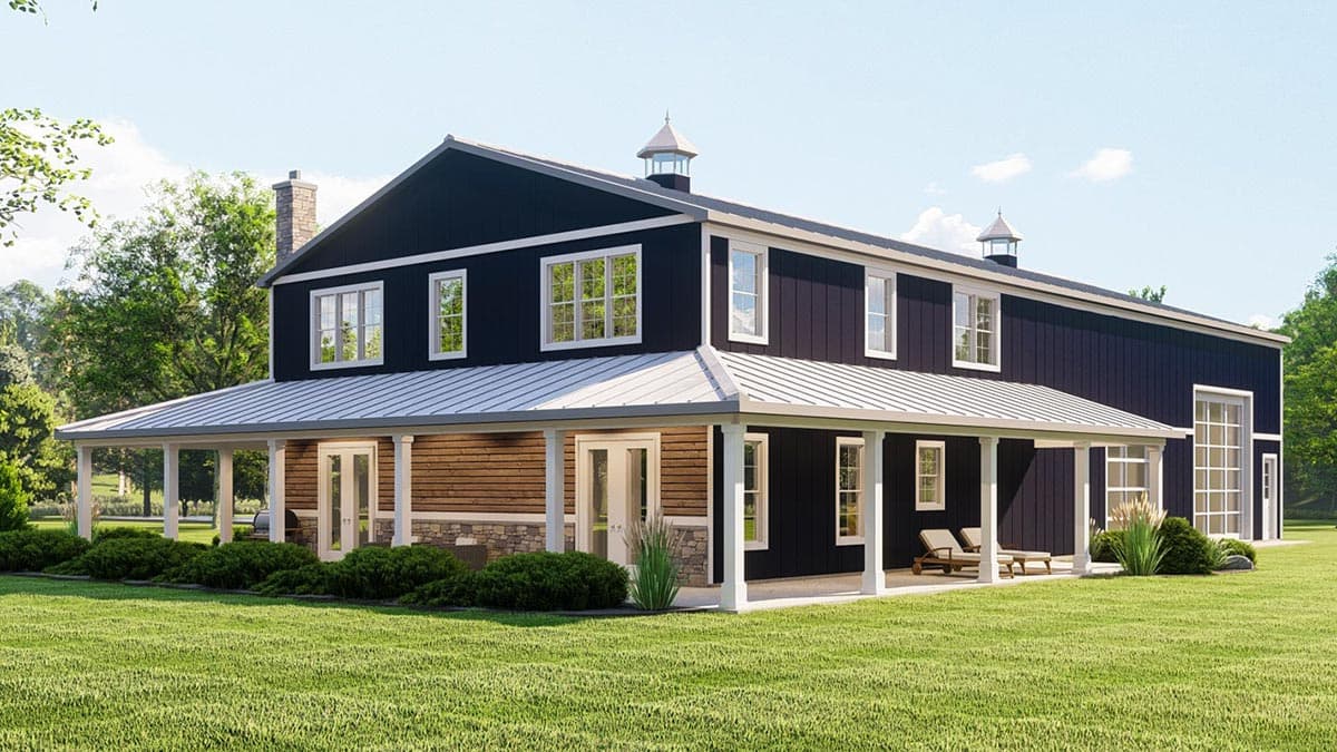 Modern Farmhouse house plan exterior, two stories, dark siding, metal roof, wrap-around porch, stone accents, cupolas.