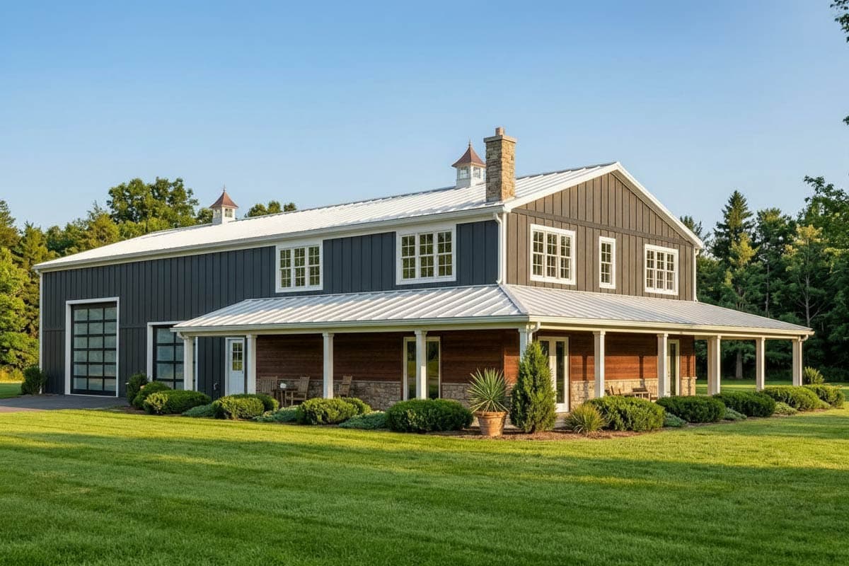 House plan exterior. Two-story barn-style home with a wraparound porch and metal roof. Features include cupola and chimney.