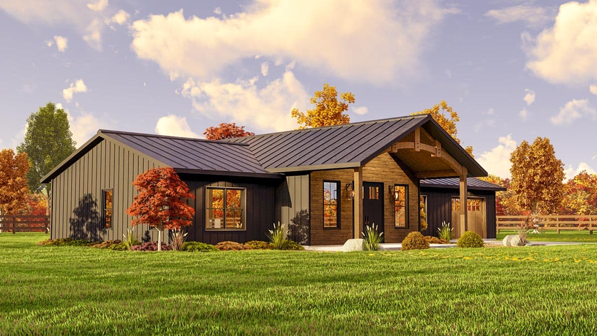 Ranch house plan exterior with dark vertical siding, wood accents, gabled covered porch, and metal roof.