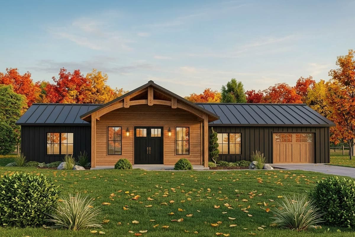 House plan exterior with board and batten siding, timber-framed entry, and a side-entry garage. Features a gabled roof and a shed roof design.