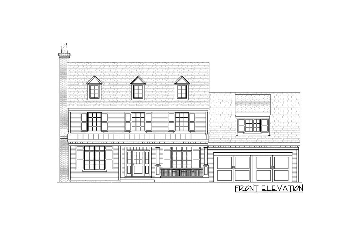 Front elevation house plan showing a two-story home with a central entrance, dormers, a chimney, and a side-entry garage.