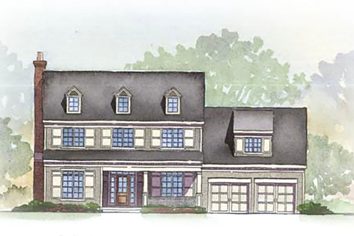 House plan exterior: two-story home with symmetrical front, dormers, covered porch, and attached two-car garage.