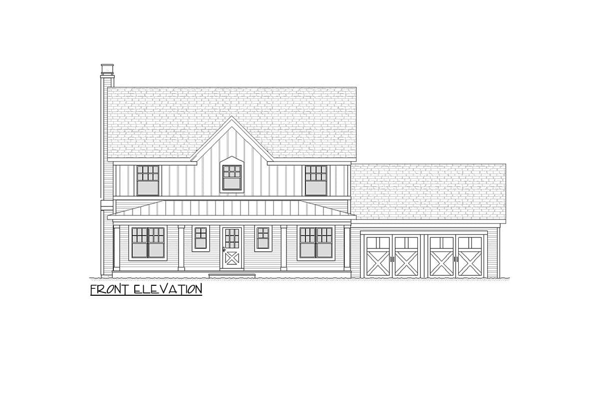 Front elevation of a two-story house plan featuring a covered porch, gabled dormers, and a three-car garage.